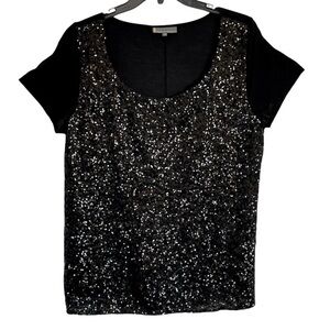 Jeans by Buffalo Sequined Princess Short Sleeve Scoop Neck Black Top, Size Large